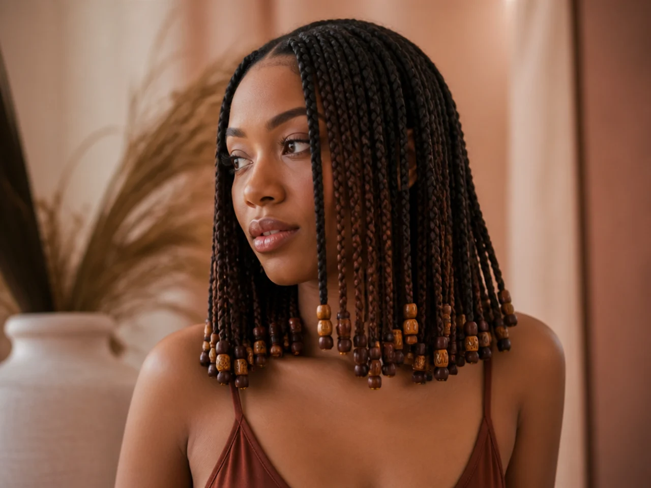 Beads on shoulder-length medium braids