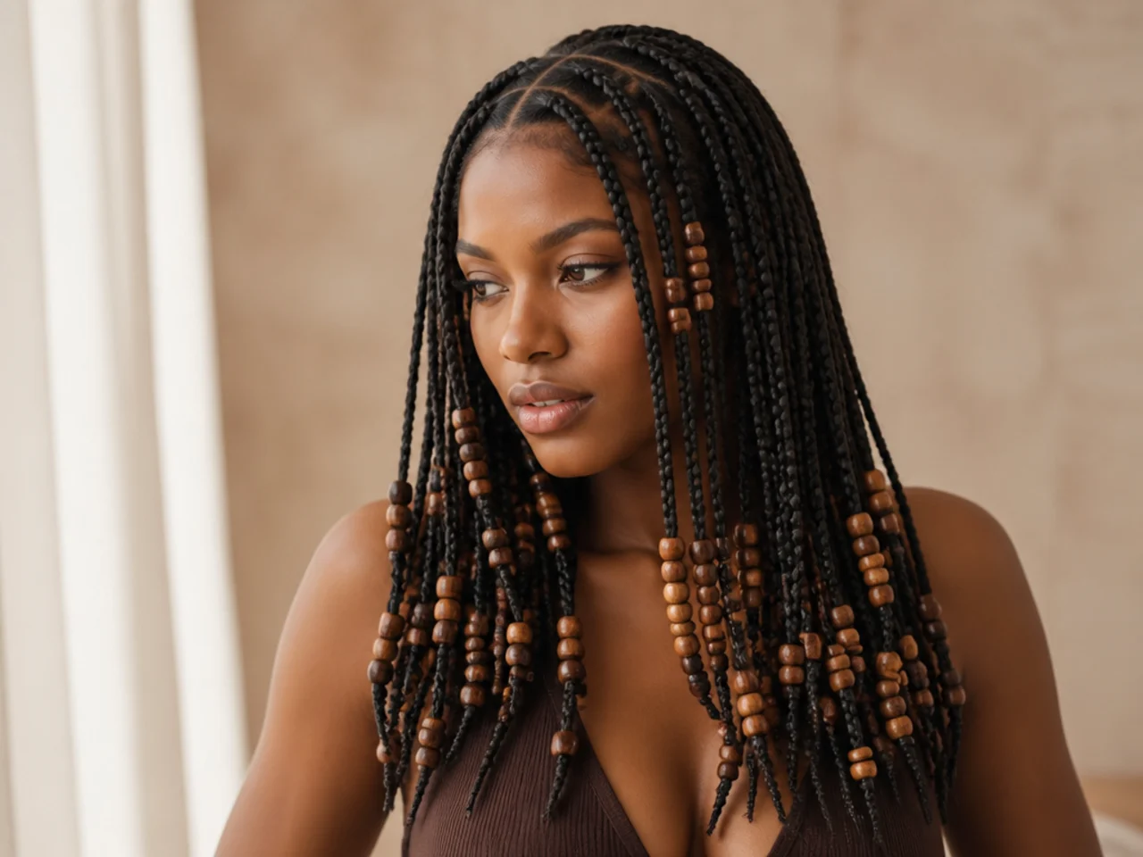 Wooden beads throughout medium knotless braids