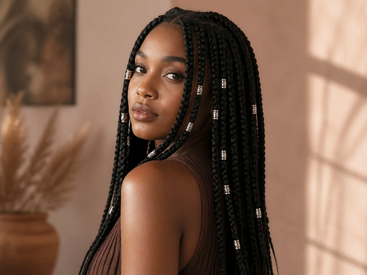 Silver beads on dark medium knotless braids