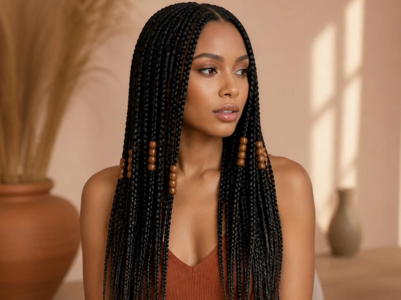 Beads placed midway along medium braids