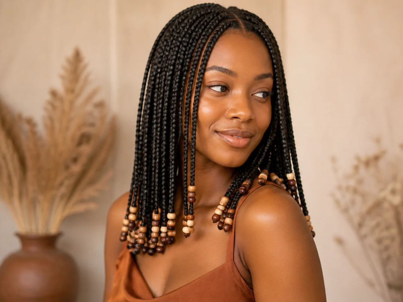 Three-quarter view of finished beaded medium knotless braids
