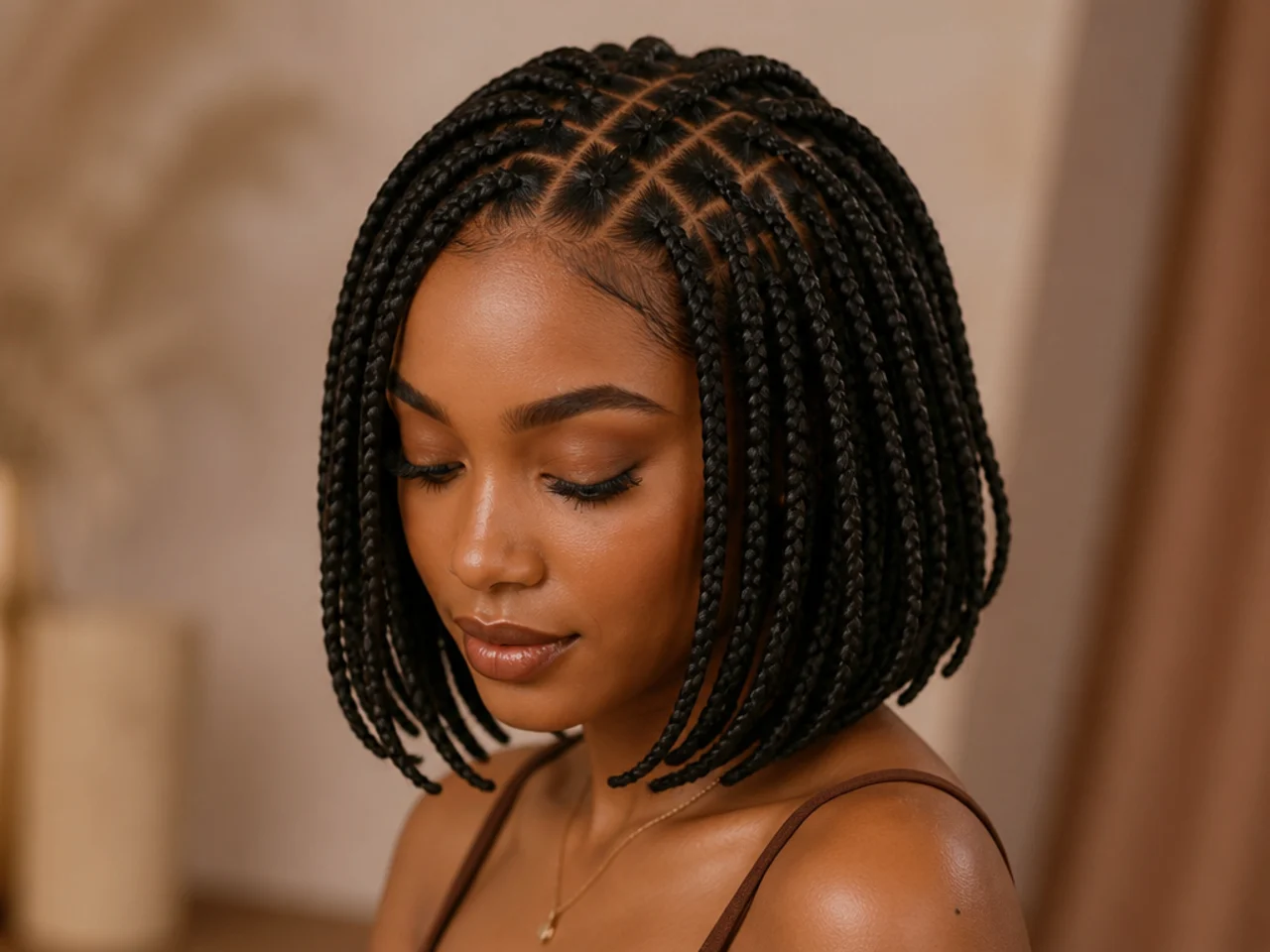 Medium braid bob with a curved parting grid