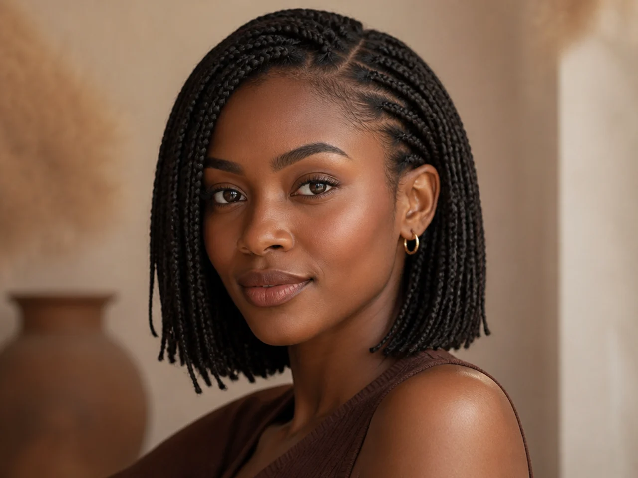 Medium braid bob tucked behind one ear