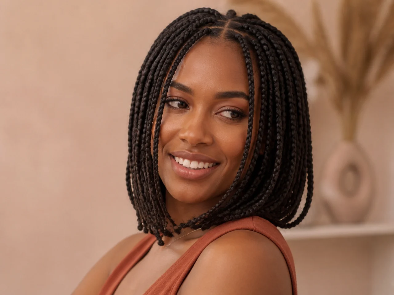 Three-quarter view of a finished medium braid bob