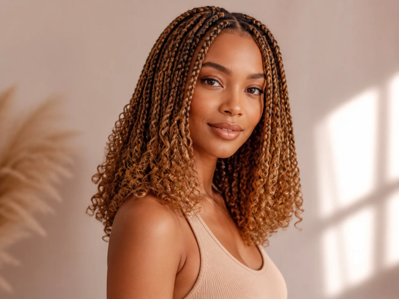 Honey blonde curly medium knotless braids
