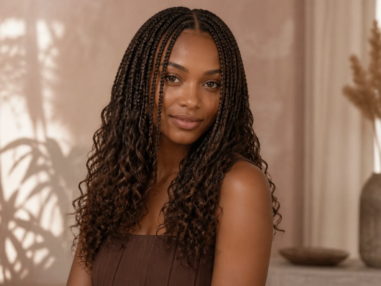 Curly medium knotless braids with a centre parting