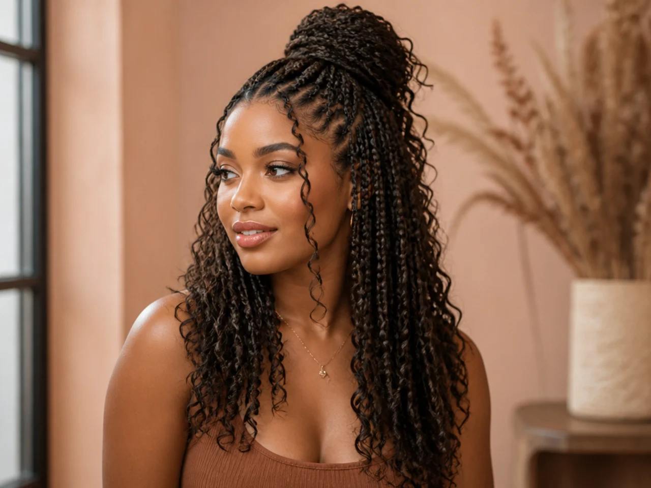 Curly medium knotless braids worn half up