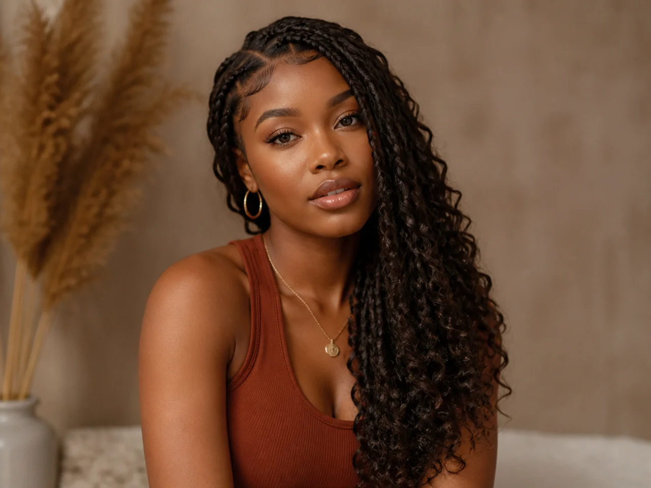Curly medium braids gathered over one shoulder