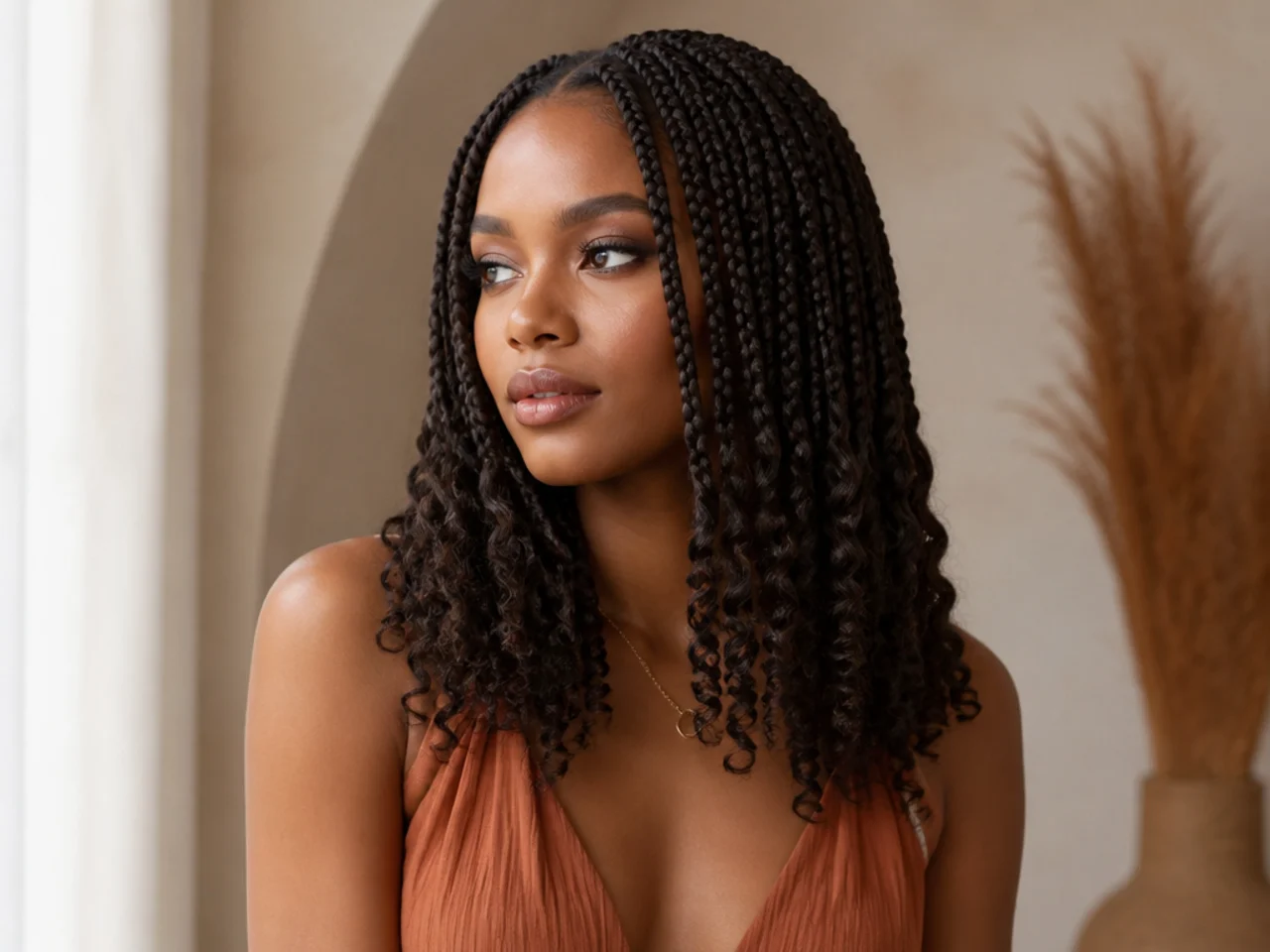 Medium braids releasing into curl at one height
