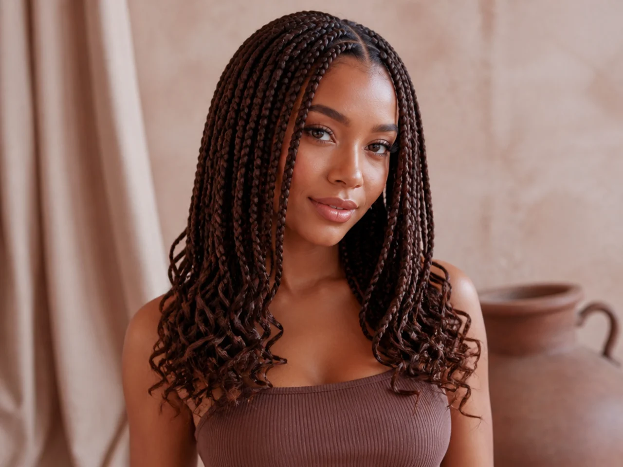 Medium braids with curled ends only