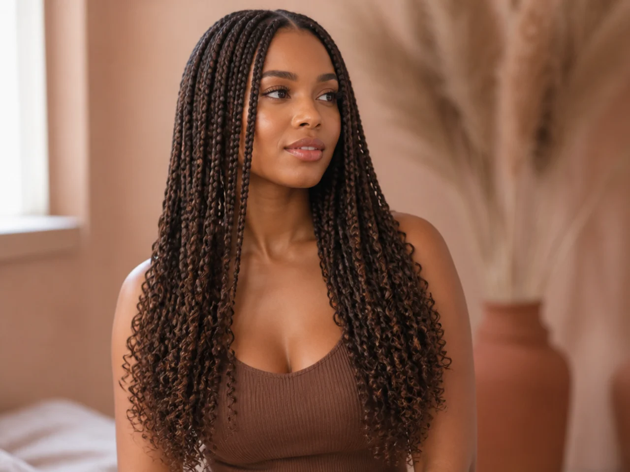 Medium braids finished with tight spiral curls
