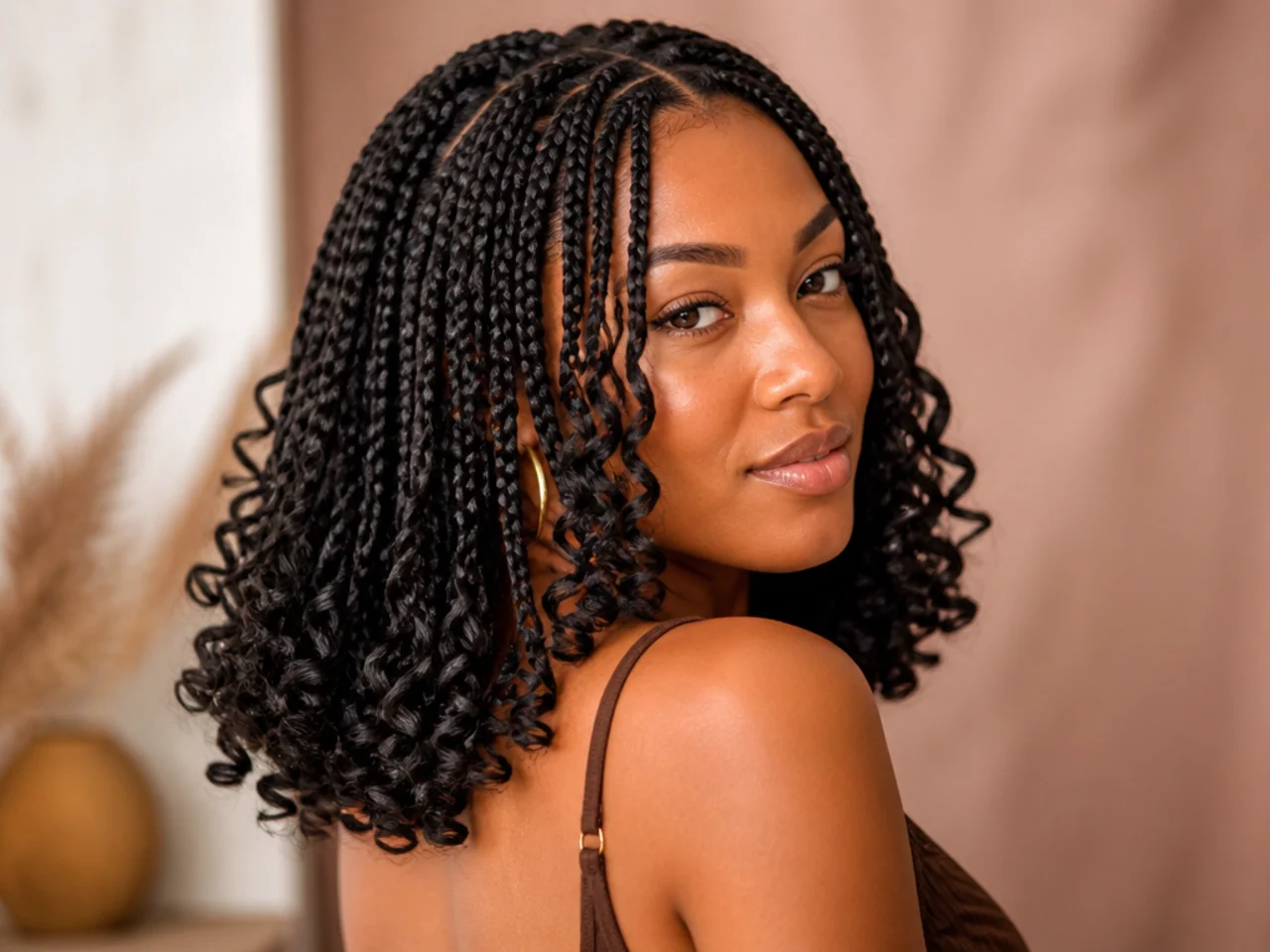 Shoulder-length curly medium knotless braids