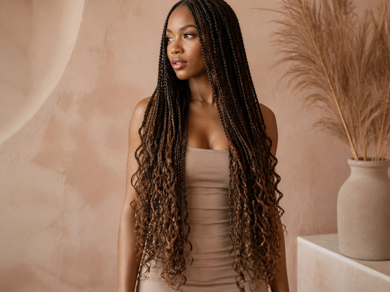 Waist-length medium braids with staggered curl release