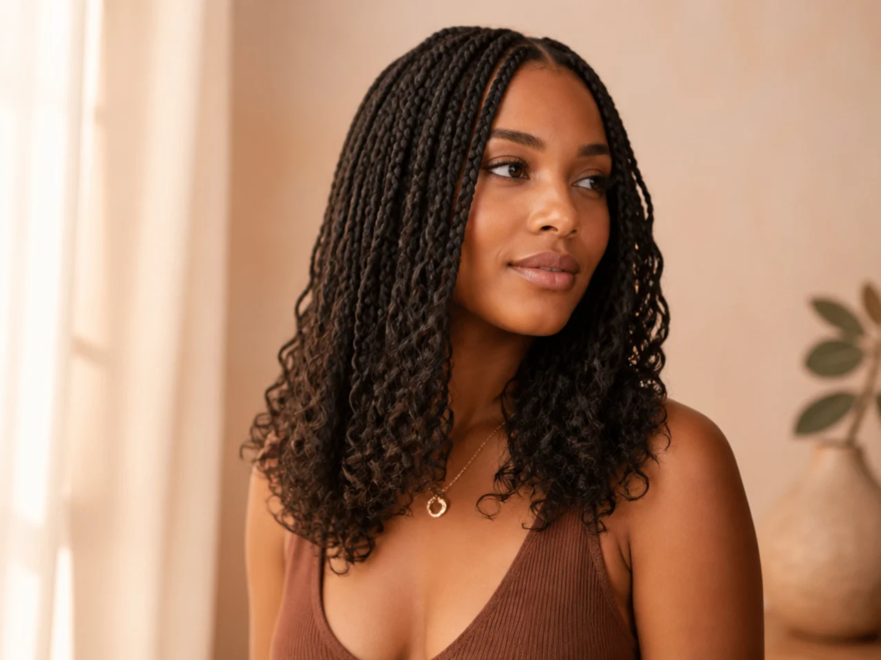 Three-quarter view of finished curly medium knotless braids