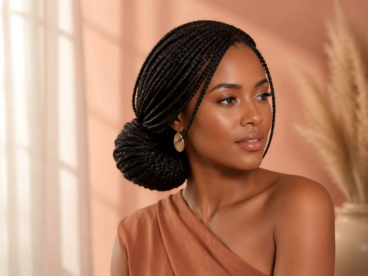 Medium braids in a low side bun