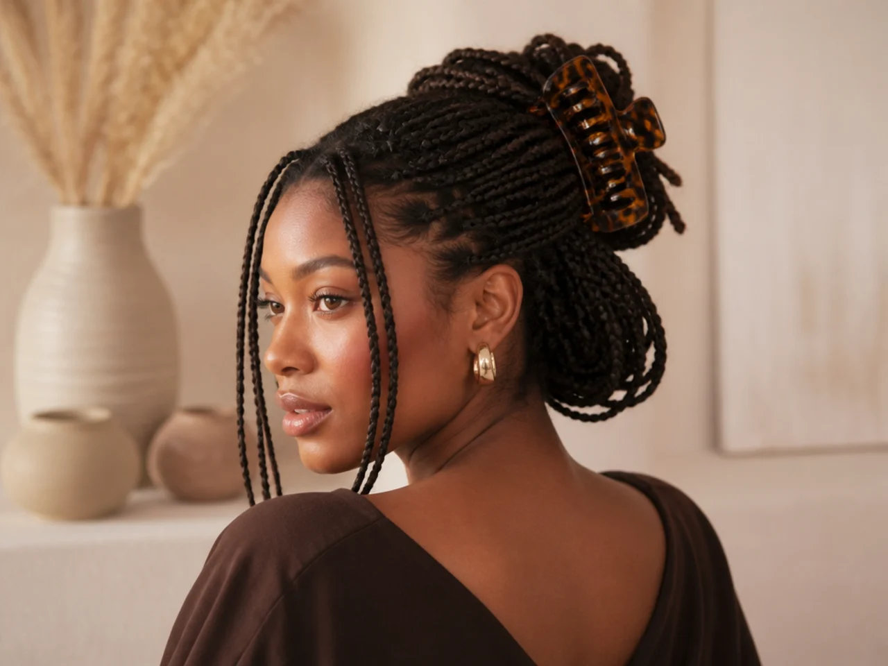 Medium braids gathered with a large claw clip