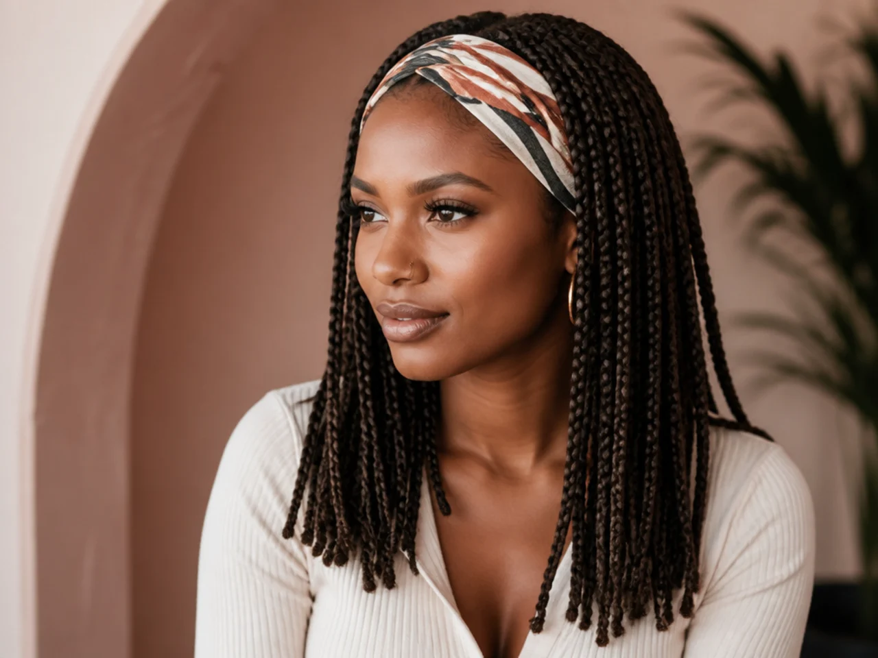 Medium braids worn with a wide headband