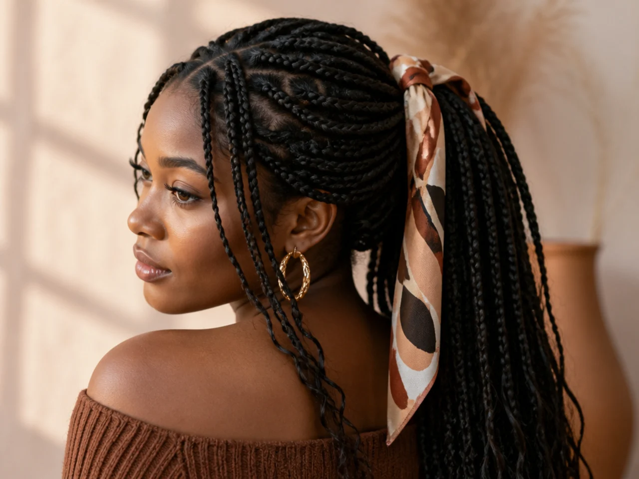A scarf wound through a gathered ponytail of braids