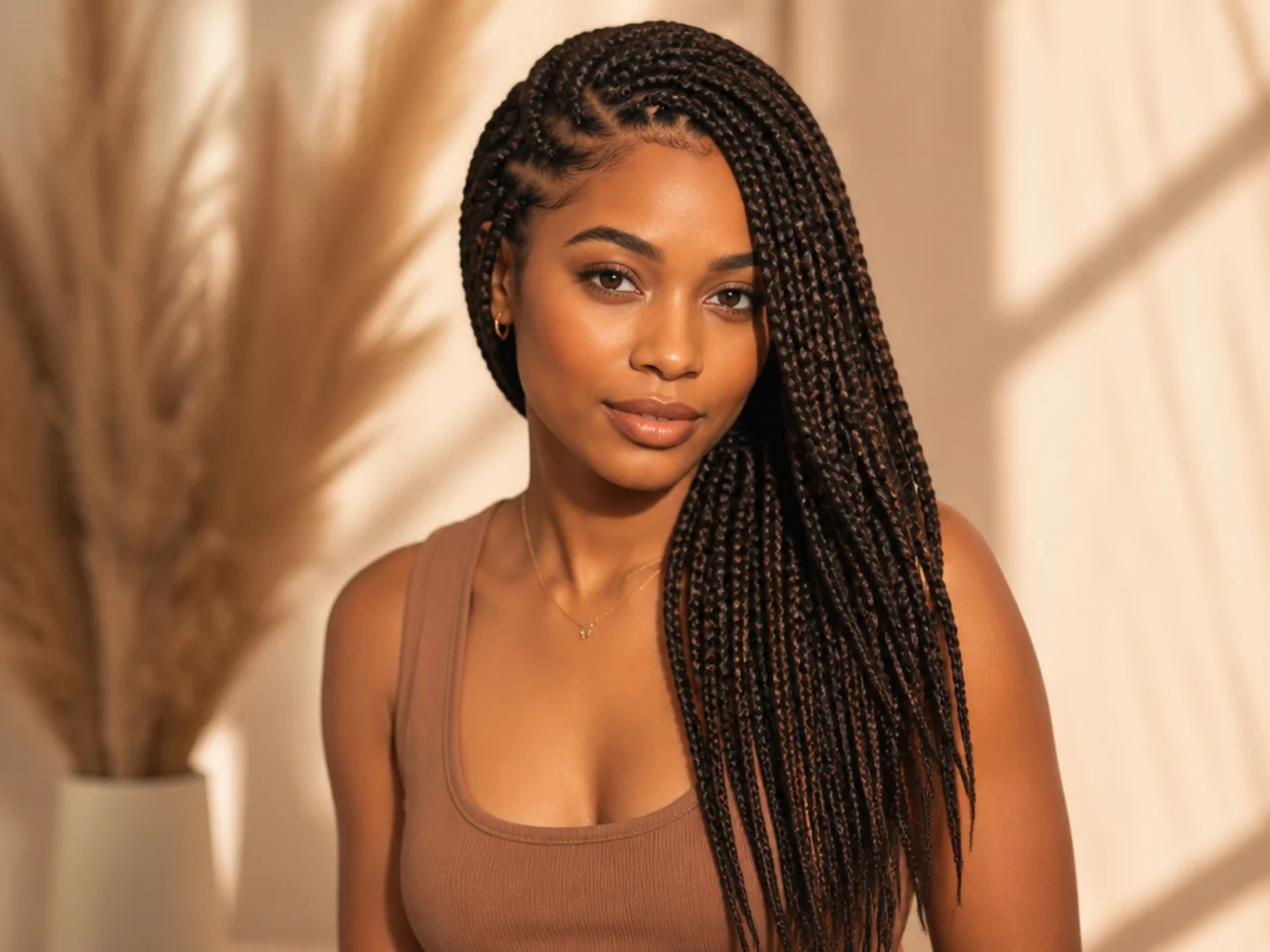Medium braids gathered over one shoulder