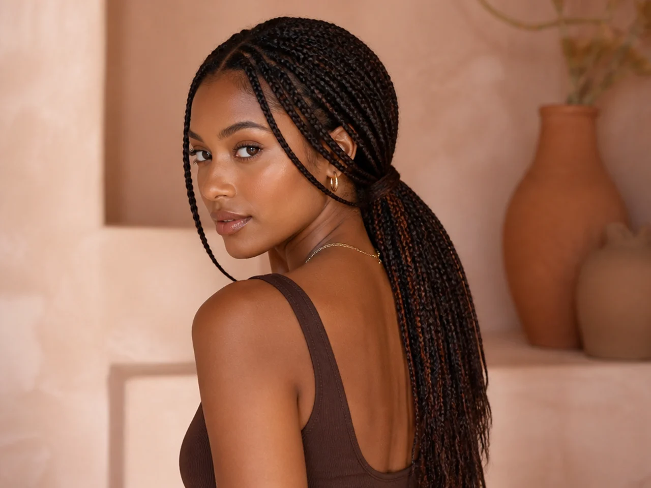 Medium knotless braids in a low ponytail