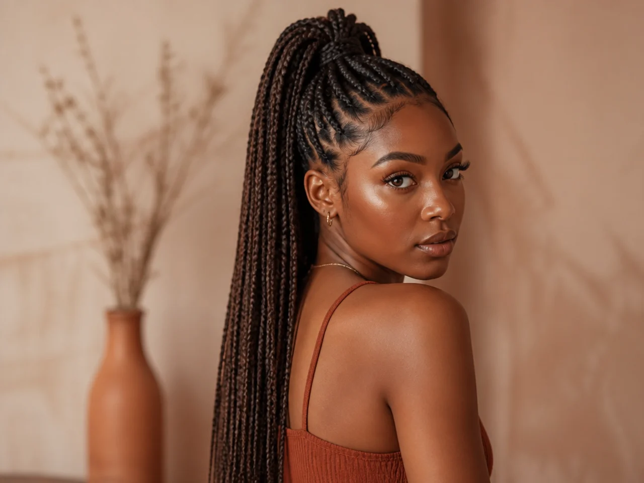 Medium knotless braids in a high ponytail