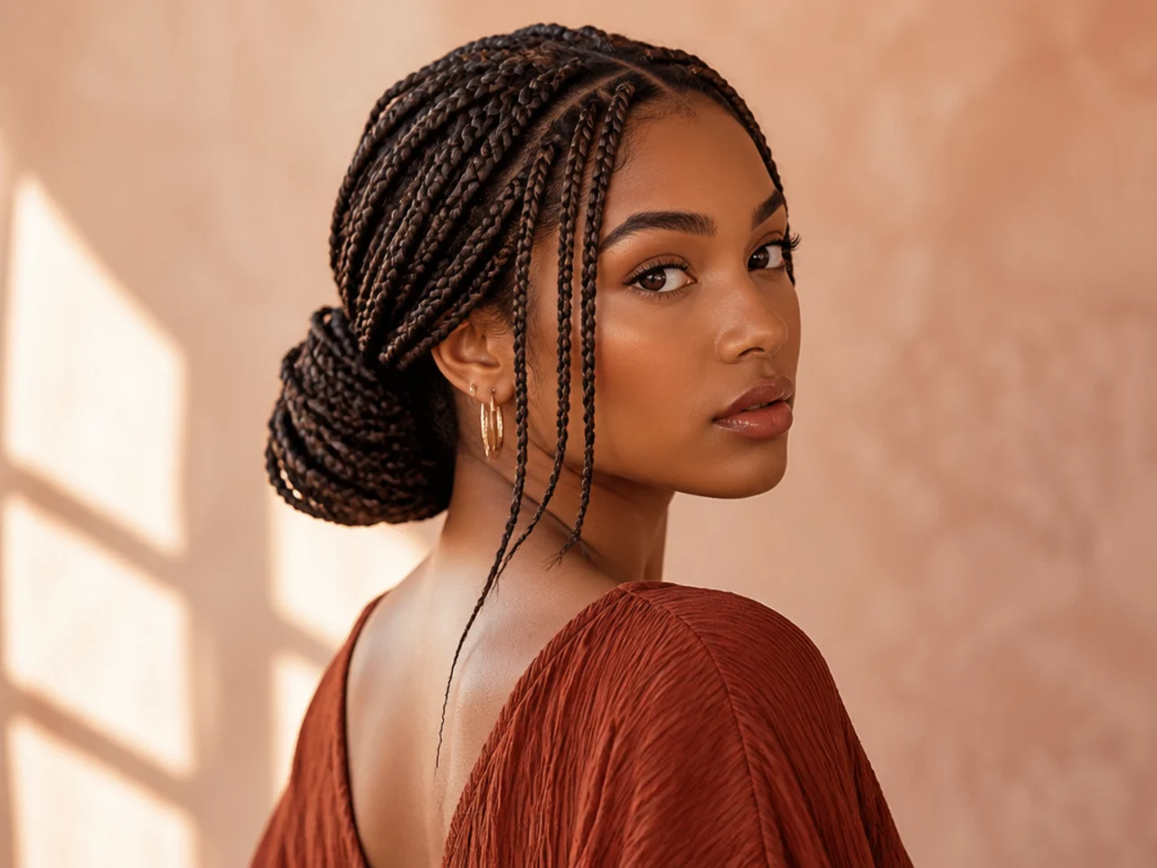 Medium knotless braids coiled into a low bun