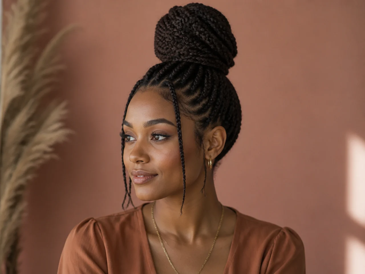 Medium knotless braids in a high bun