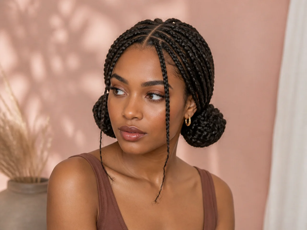 Medium braids in two low buns
