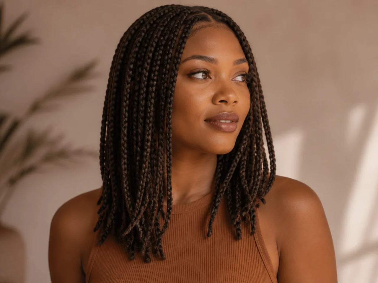 Three-quarter view of styled medium knotless braids