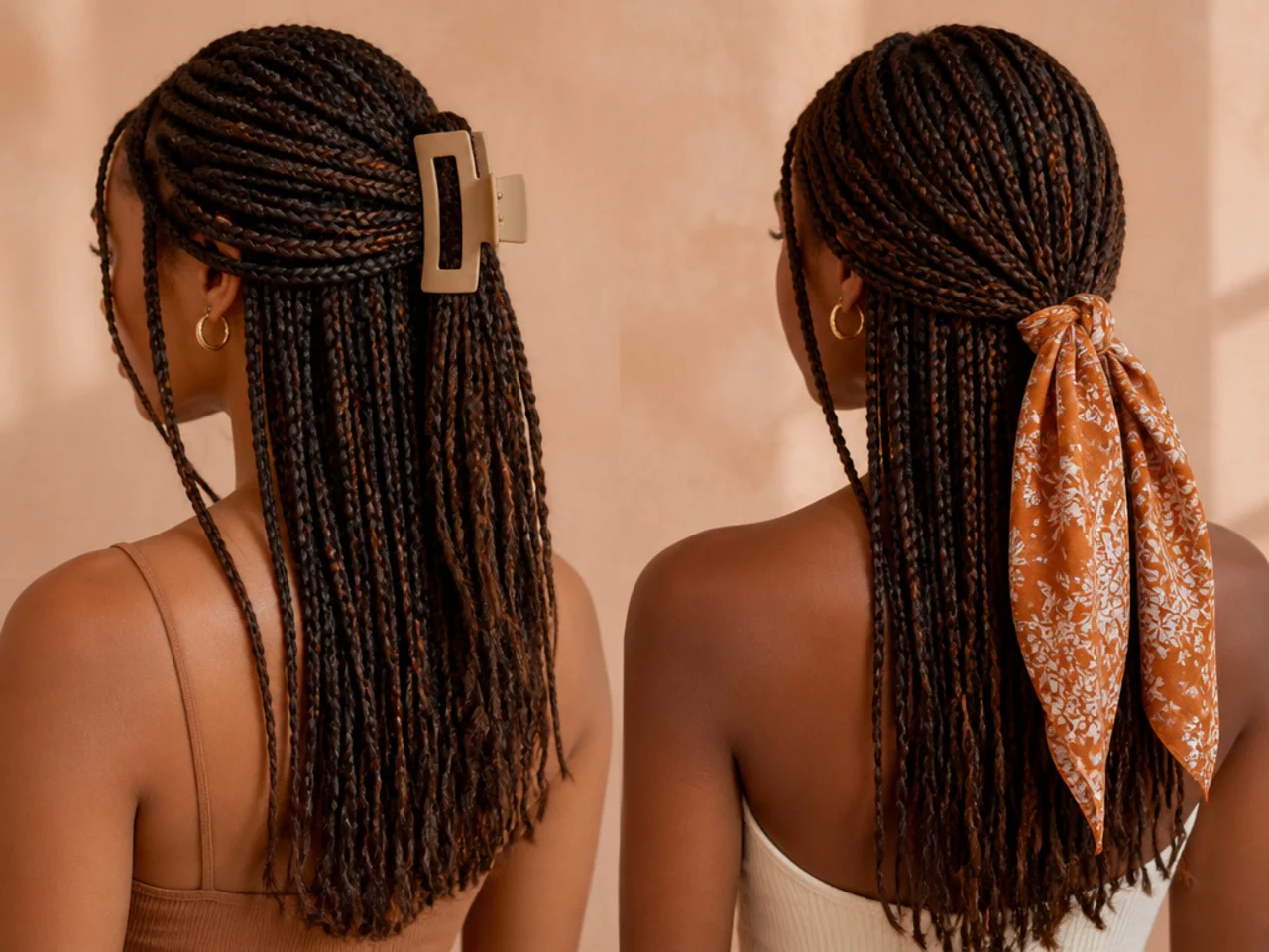 A large claw clip and a wide fabric tie compared