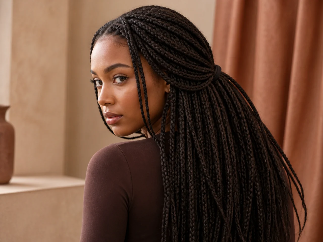 A small tie forced around a large mass of braids