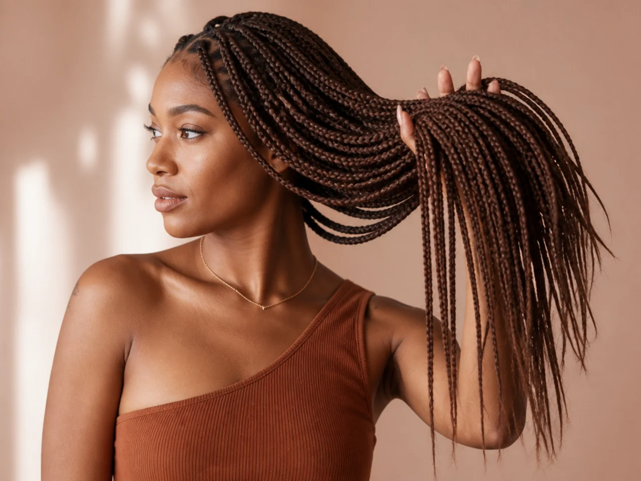 A large mass of medium braids gathered in one hand