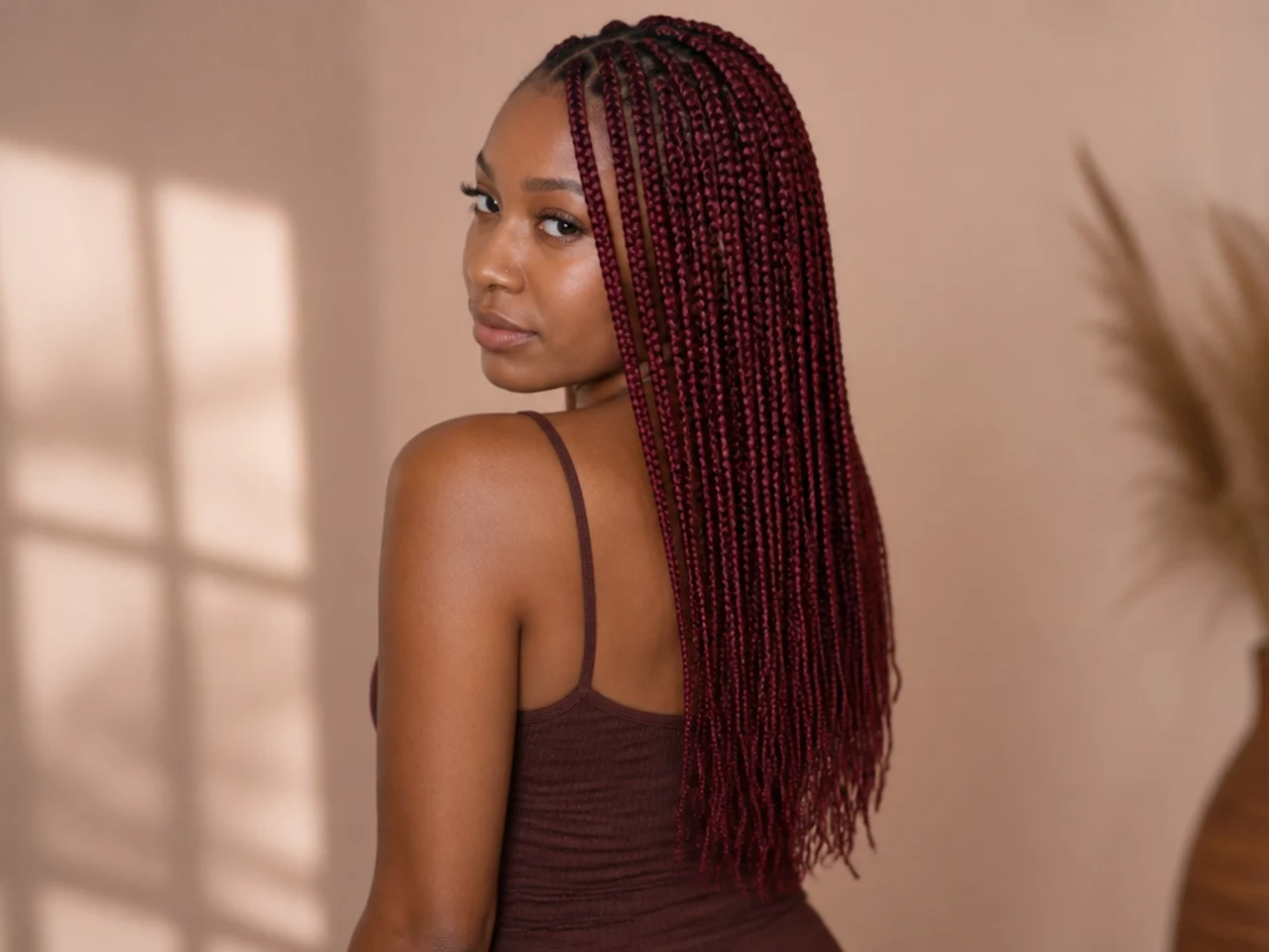 Burgundy medium knotless braids