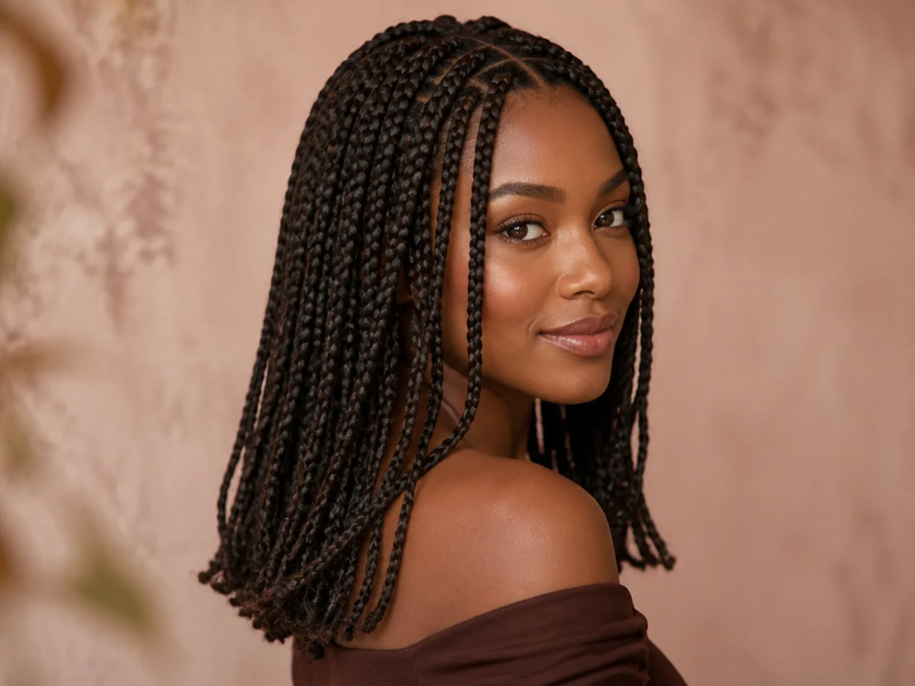 Three-quarter view of finished medium knotless braids