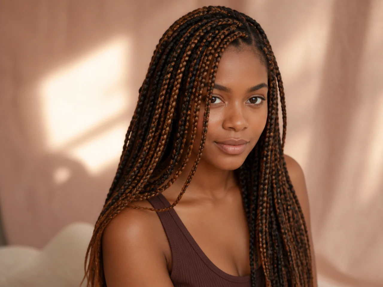 Medium braids with a soft off-centre part and caramel highlights