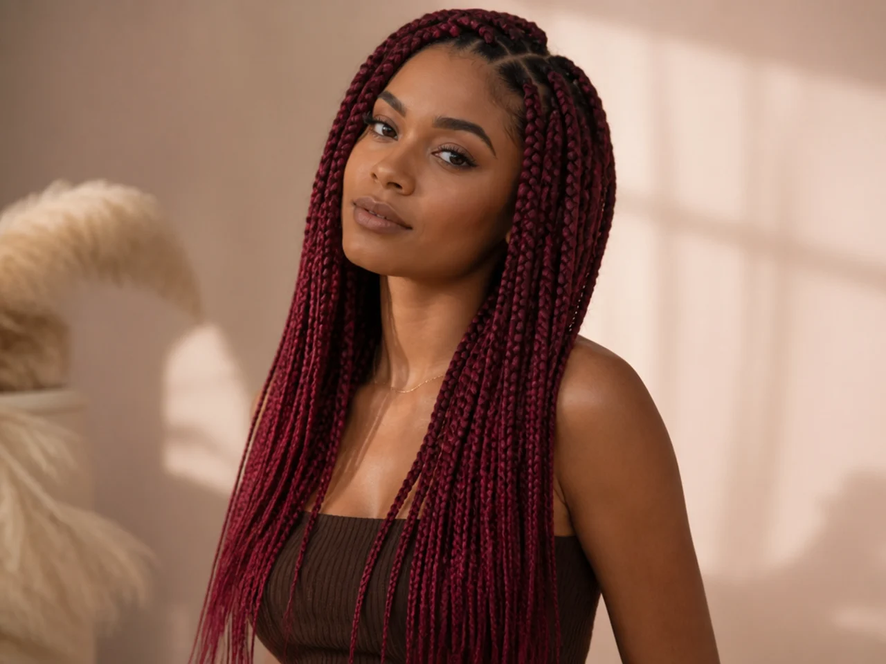 Burgundy medium knotless braids
