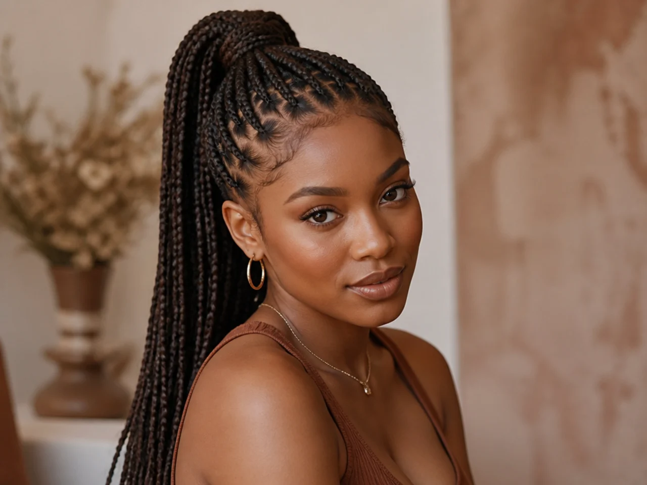 Medium knotless braids in a high ponytail