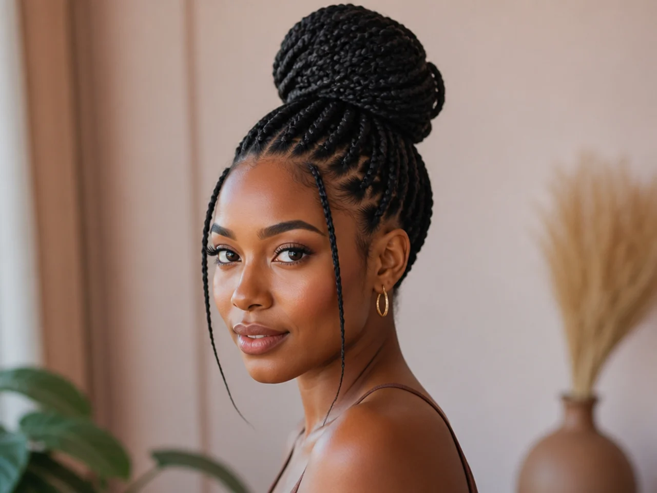 Medium knotless braids in a high bun