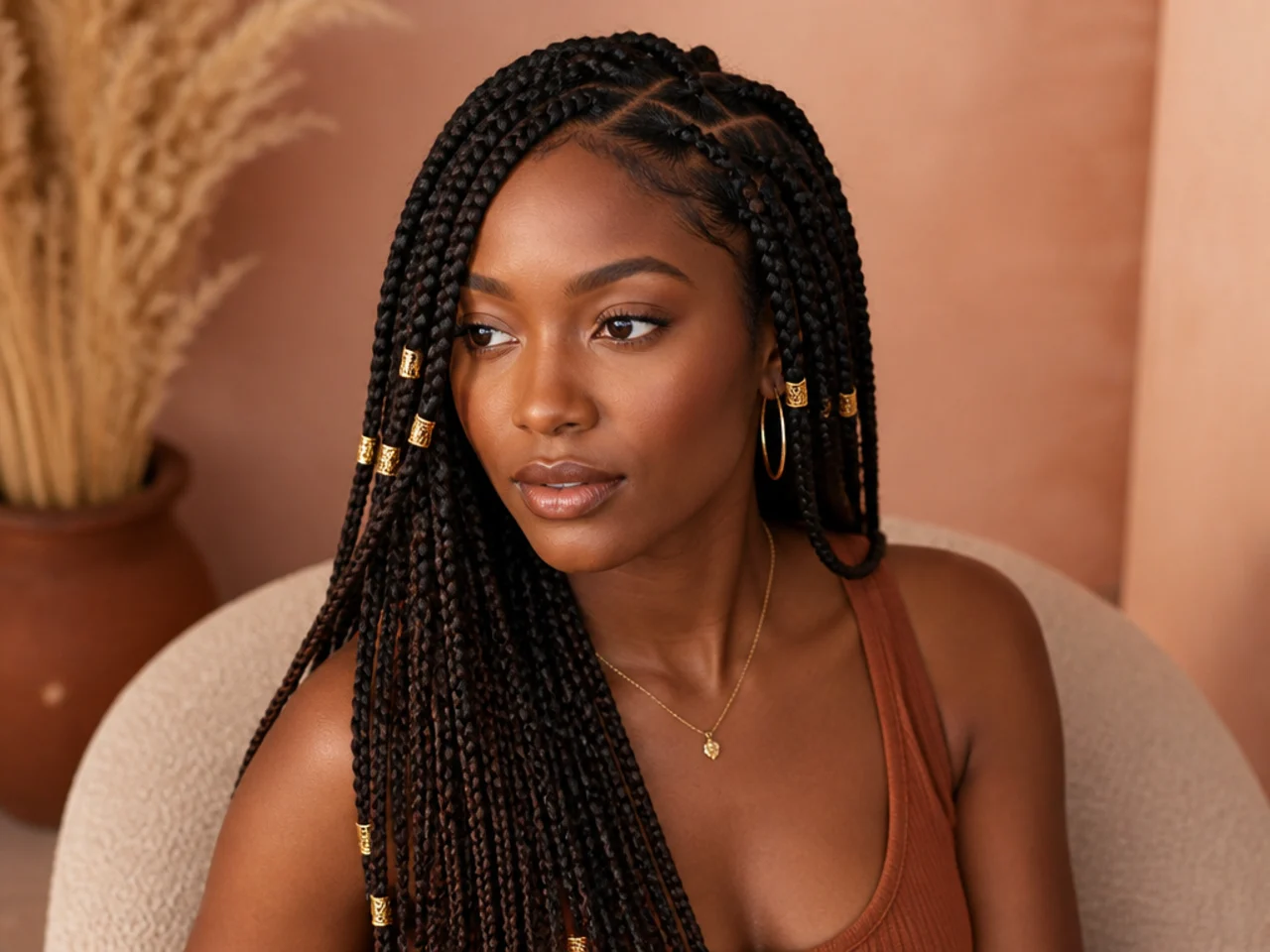 Medium knotless braids finished with gold cuffs