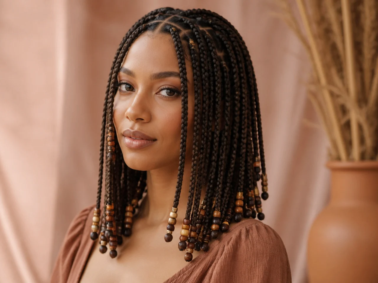 Medium knotless braids finished with beads