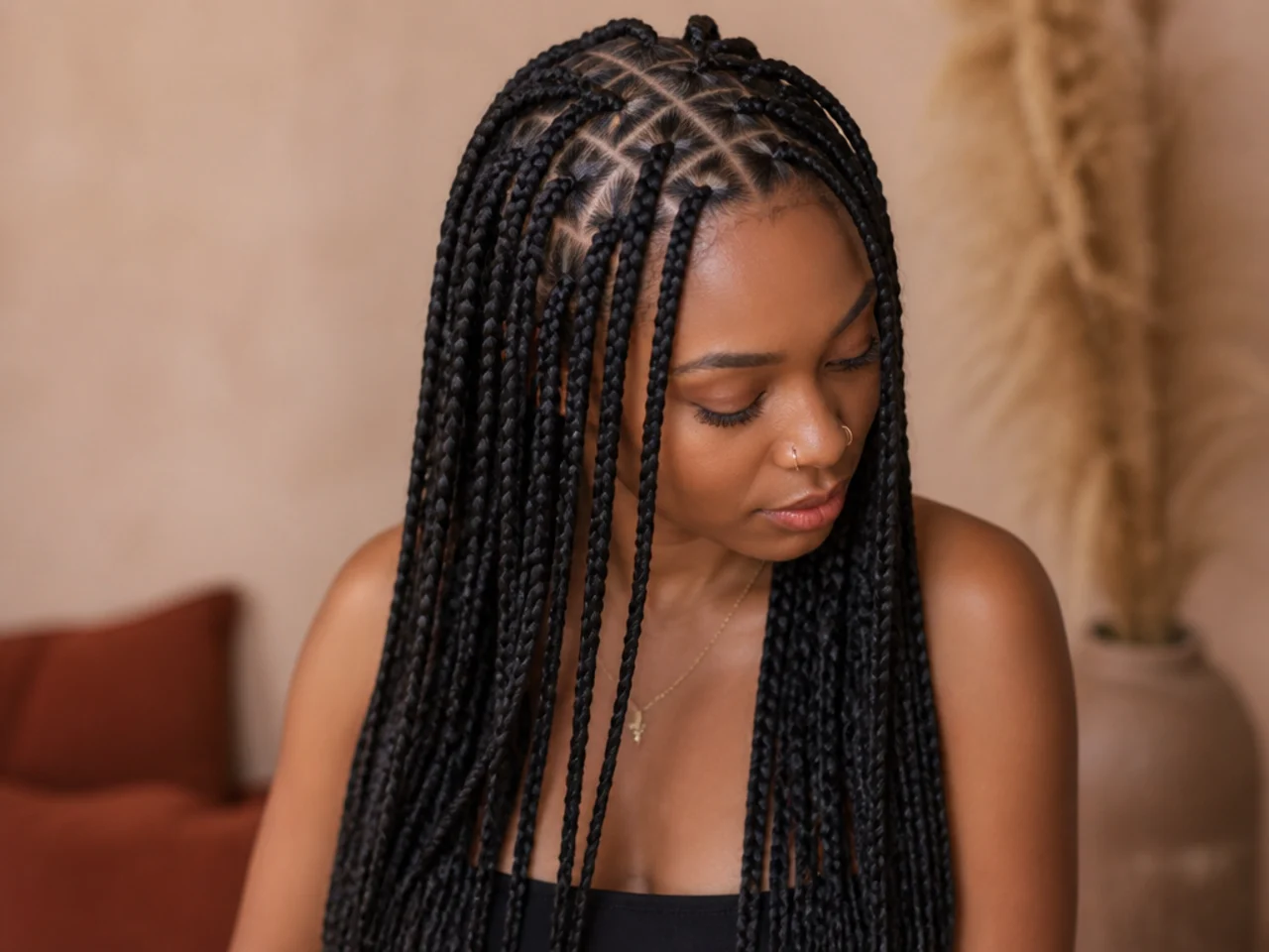 Medium knotless braids with a curved parting grid