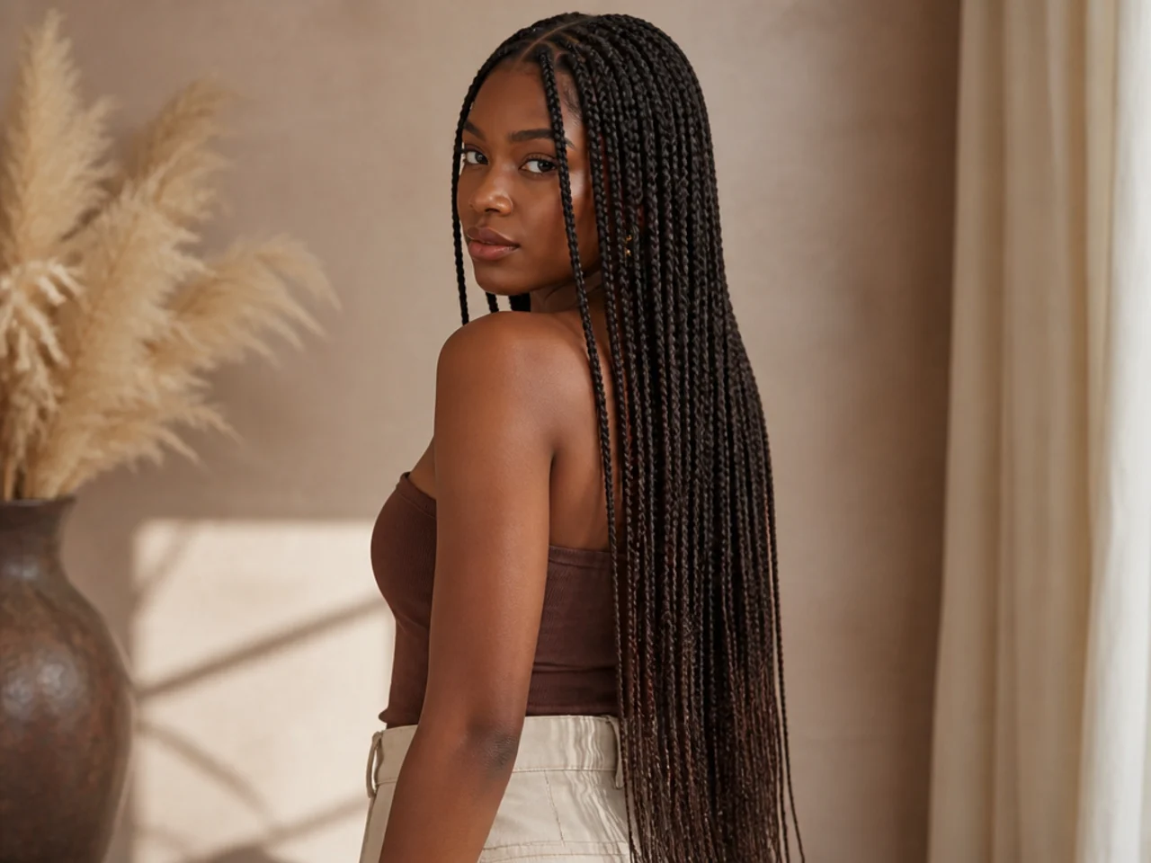 Waist-length medium knotless braids