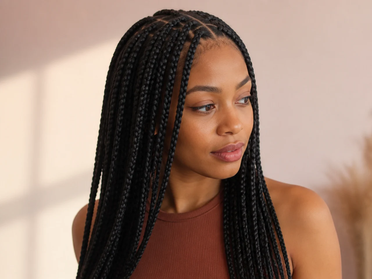 Medium knotless braids installed on fine natural hair