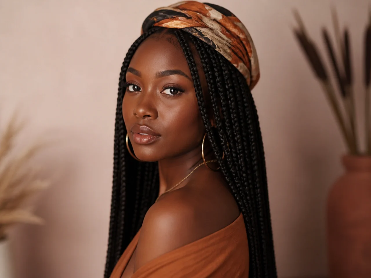 Medium knotless braids wrapped with a scarf
