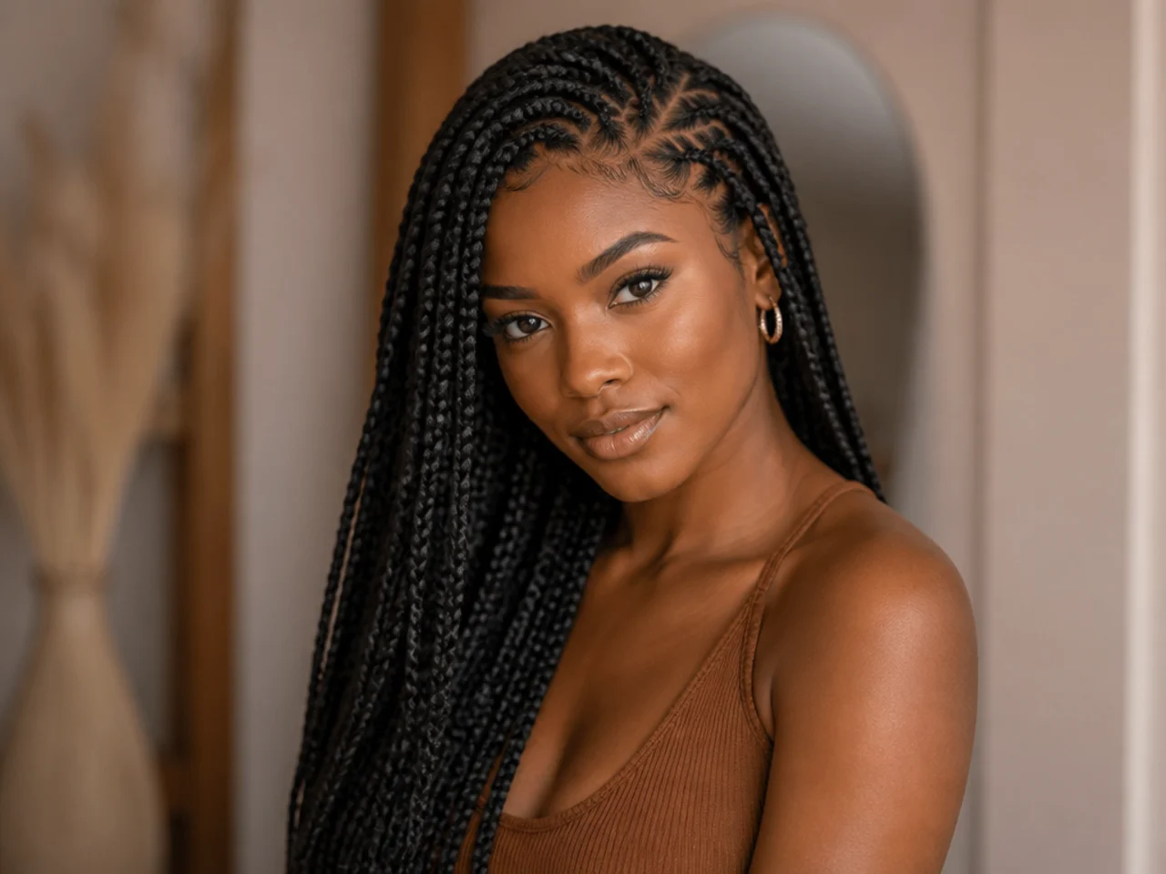 Medium knotless braids with a deep side part