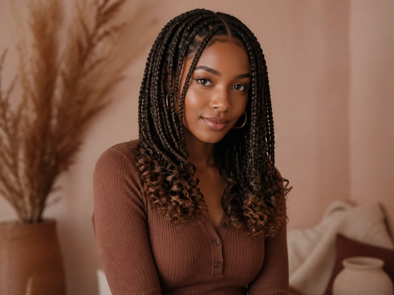 Medium knotless braids with curled ends