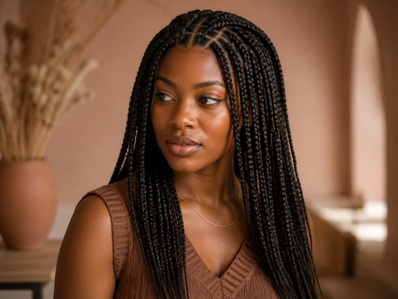 Three-quarter view of finished medium knotless braids