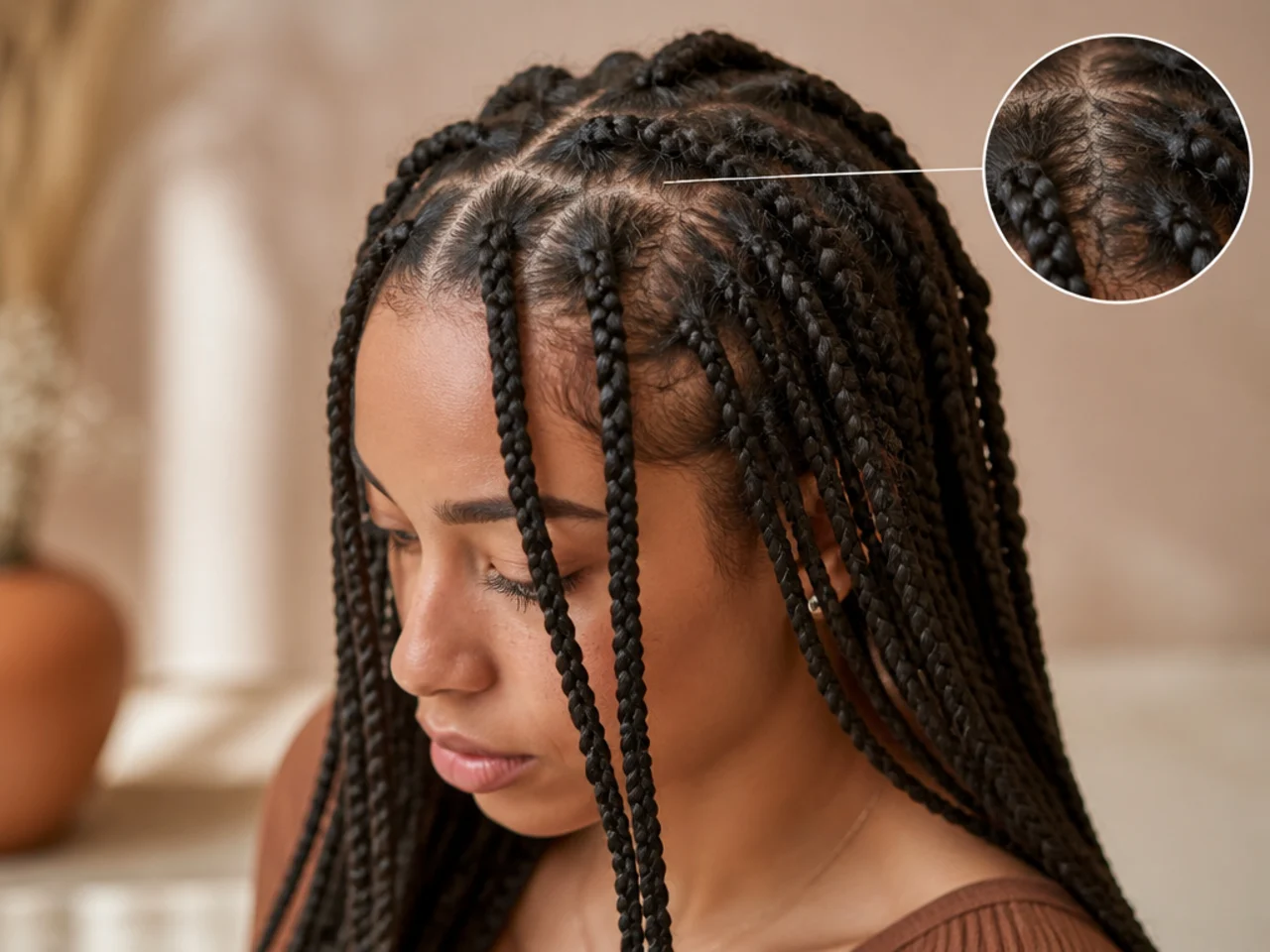 Matted shed hair at the root of an overworn braid
