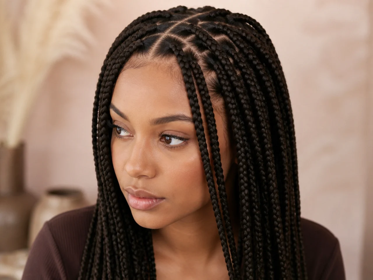 Close view of a knotless braid root at medium size
