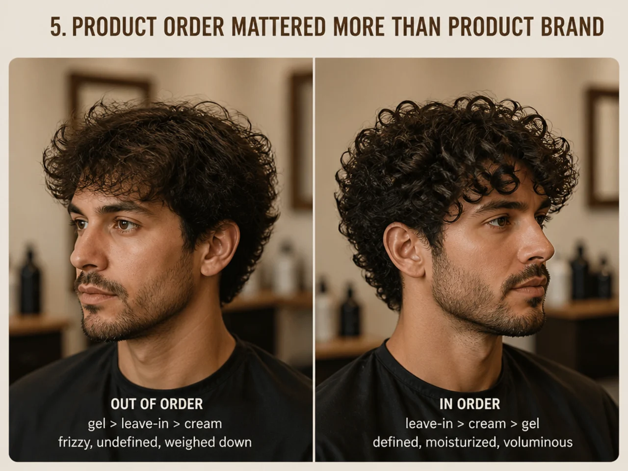 Flat-lay of a leave-in conditioner, curl cream, and light-hold gel arranged in the correct styling order from left to right